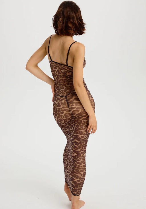 Back view of leopard stretch Mesh Maxi Dress Blush showcasing sheer mesh design and body-hugging silhouette for elegant nightwear.