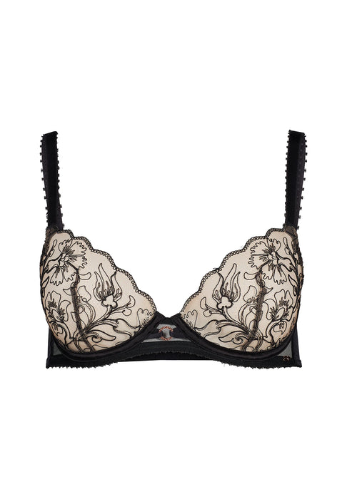Product close-up of VIP Fleur de Nuit Sheer Plunge Bra by Gossard, featuring black floral Swiss embroidery and underwire support for a luxury finish.