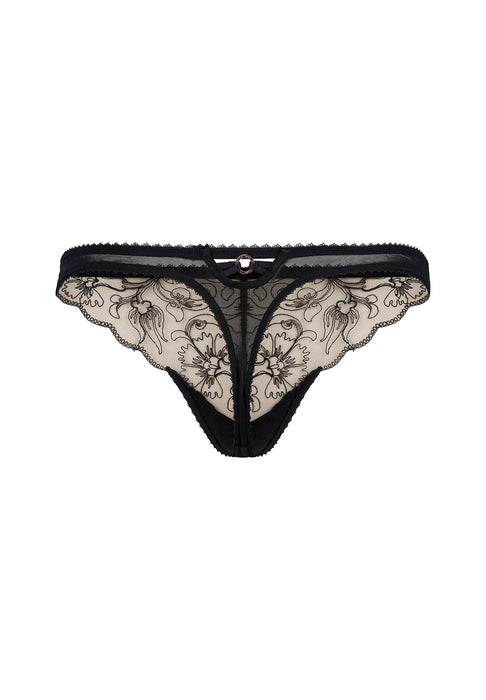 Gossard VIP Fleur Thong in sheer black with Swiss floral embroidery and gold accents, designed for elegant and luxurious intimate wear.