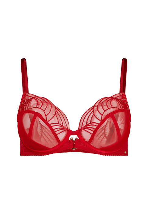 Front product shot of Gossard Viva Sheer Plunge Bra Red featuring sheer mesh cups, gold hardware, and intricate embroidery.
