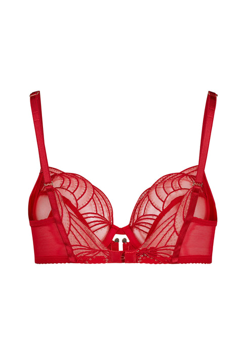 Back product shot of Gossard Viva Sheer Plunge Bra Red showing clasp closure, adjustable straps, and sheer embroidered fabric.