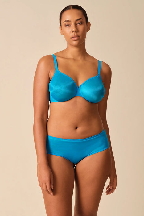Full front view of Gossard Glossies Sheer Bra Atomic Blue with matching briefs, highlighting seamless molded cups and supportive plunge style.