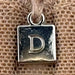 Close-up of Dominique Mallory bra charm with engraved 'D' logo, attached to center gore of the mocha minimizer bra.