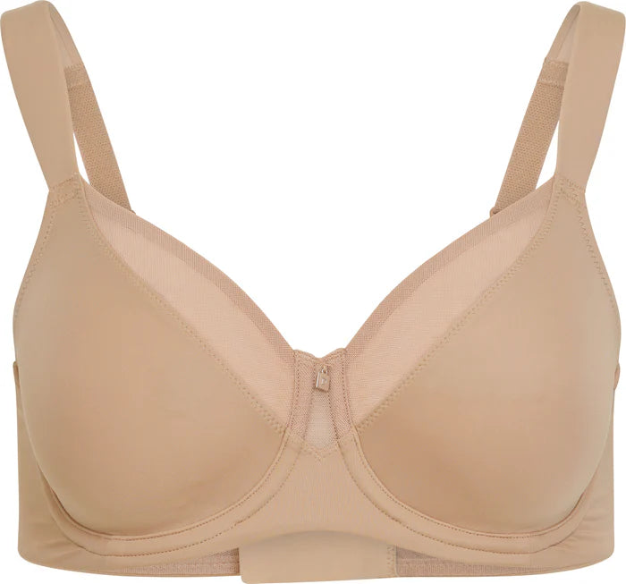 Product-only view of Dominique Mallory Smoothing Comfort Underwire Minimizer Bra mocha, displaying seamless molded cups and wide straps.