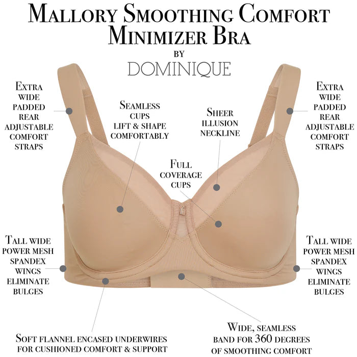 Dominique Mallory Smoothing Comfort Underwire Minimizer Bra Mocha with seamless full coverage cups, wide straps, and 360° smoothing support.