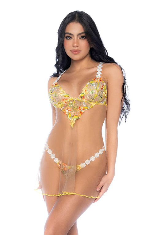 Sheer Mesh Babydoll Mapale Daisy Bliss in yellow with floral embroidery, featuring triangle cups and matching thong, available at Lavinia Lingerie.