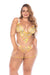 Plus-size model wearing Sheer Mesh Babydoll Mapale Daisy Bliss with yellow floral embroidery and sheer mesh skirt, available at Lavinia Lingerie.