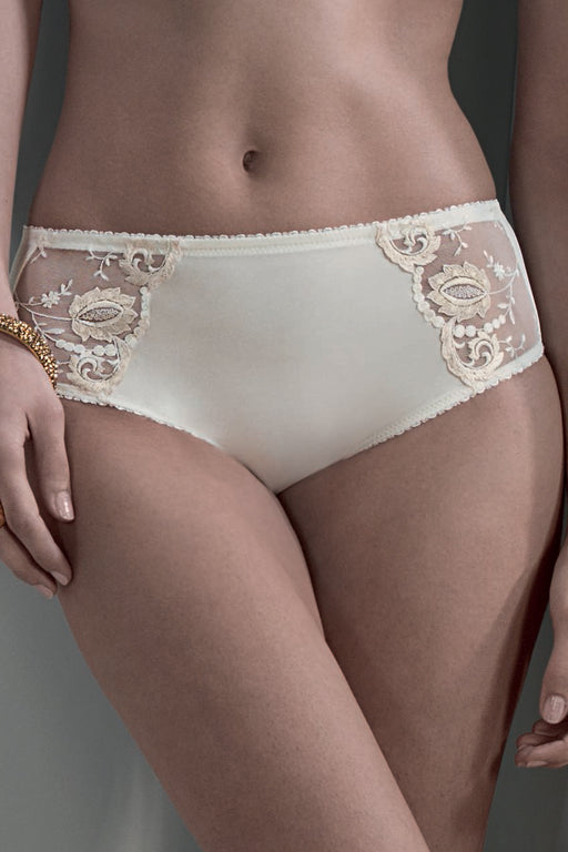 Conturelle Provence Panty bikini in vanilla with sheer embroidered tulle and scalloped edges, designed for curves and a flattering high-cut fit.