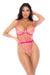 Sheer Cinched Waist Bodysuit Mapale Petal Kiss in pink floral lace with underwire and ruffle trim, modeled front view. Shop @ Lavinia Lingerie.