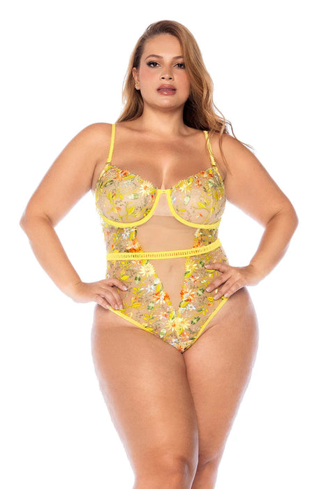Plus-size model wearing Sheer Mesh Bodysuit Mapale Daisy Bliss with floral mesh design and structured bust, flattering curvy lingerie fit.