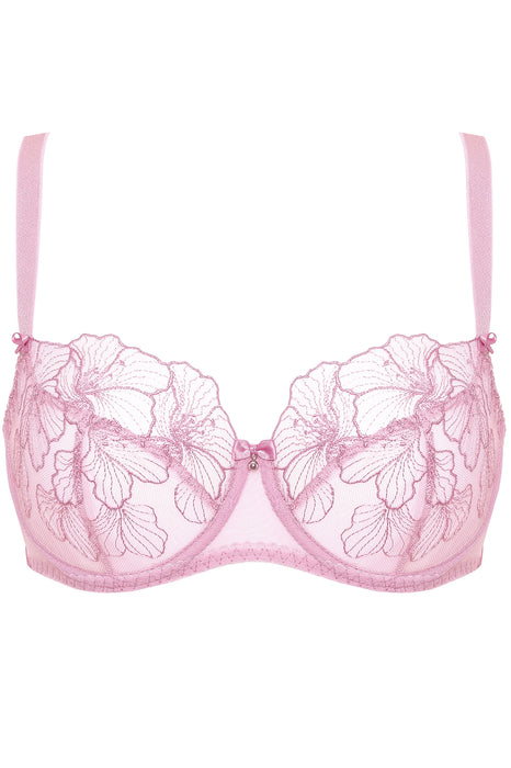 Sheer Mesh Floral Embroidered Bra Bloom Pink by Gorteks features delicate pink mesh with floral embroidery and underwire support. Ideal for elegant lingerie collections.