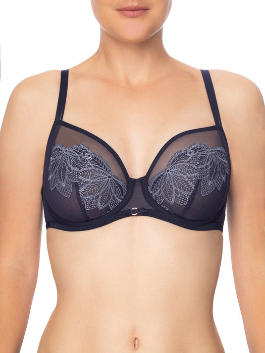Conturelle Luxury Desire Sheer Lace Bra in navy blue with floral embroidery, underwire support, and adjustable straps for full-figure comfort.