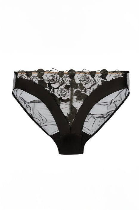 Dita Von Teese Rosabelle Sheer Bikini Panty in black with soft tulle, rose embroidery, and stretch mesh back for a luxurious lingerie look.