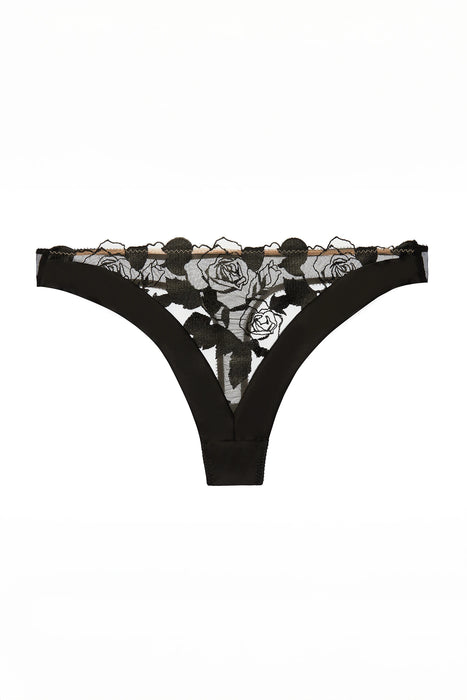 Dita Von Teese Rosabelle G-String Black with sheer tulle, black rose embroidery, and satin banding for minimal coverage and elegant lingerie styling.