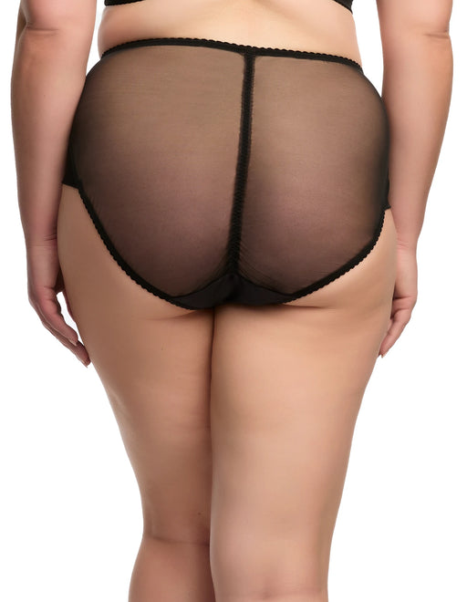 Dita Von Teese Julie's Roses Bikini in black features sheer mesh back with center seam and classic brief cut for a vintage-inspired lingerie look.