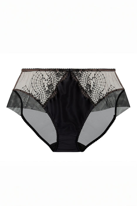 Dita Von Teese Julie's Roses Bikini in black with embroidered mesh panels and satin front, classic brief cut lingerie for vintage-inspired elegance.