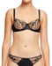 Front view of Dita Von Teese Julie's Roses Sheer Balconette Bra with sheer floral embroidery and structured underwire cups.