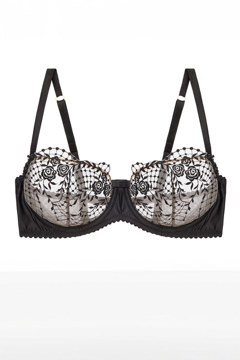 Flat lay of Julie's Roses Sheer Balconette Bra by Dita Von Teese, showcasing sheer embroidered cups and satin underband.