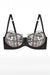 Flat lay of Julie's Roses Sheer Balconette Bra by Dita Von Teese, showcasing sheer embroidered cups and satin underband.