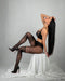 Elegant seated pose in Joli 30 Den Black Open Crotch Pantyhose with lace waistband and sheer legs, perfect for ultra-sexy lingerie collections.