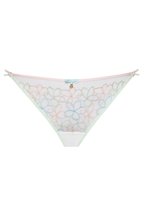 Flat lay of Low-Rise Mesh String Panty Samanta Fiorella C300 displays pastel floral embroidery, sheer mesh, and satin bow accent in lingerie category.