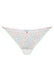 Flat lay of Low-Rise Mesh String Panty Samanta Fiorella C300 displays pastel floral embroidery, sheer mesh, and satin bow accent in lingerie category.