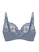 Conturelle Secret Delight Bra in Nordic blue with sheer lace cups, floral embroidery, and underwire support for full figure comfort and elegance.