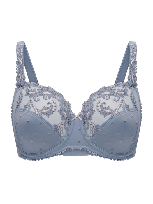 Conturelle Secret Delight Bra in Nordic blue with sheer lace cups, floral embroidery, and underwire support for full figure elegance and comfort.