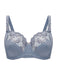 Conturelle Secret Delight Bra in Nordic blue with sheer lace cups, floral embroidery, and underwire support for full figure elegance and comfort.