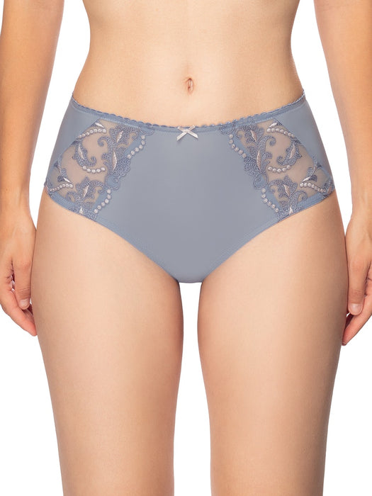 Conturelle Secret Delight Panty in Nordic Blue featuring sheer lace panels and laser-cut edges for a seamless, elegant lingerie look.