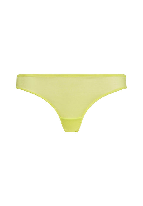 Flat lay front view of Gossard Glossies Sunny Lime Sheer Thong Panty 6276 ATB, designed with sheer mesh and elastic waistband for comfort.