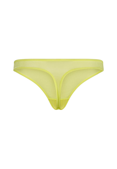 Flat lay back view of Gossard Glossies Sunny Lime Sheer Thong Panty 6276 ATB, featuring minimal coverage and breathable mesh fabric.