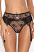 PariPari Jenny Sheer Embroidered Thong Black features low-rise fit, sheer mesh fabric, and floral embroidery with attached garter straps for a seductive look.