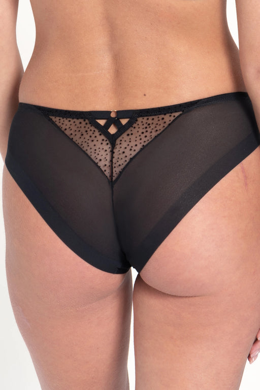 Samanta Kendall Semi-Sheer Mid-Rise Brief Panty B400 in black with embroidered mesh back and peek-a-boo detail for a stylish, no VPL lingerie fit.