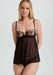 Sheer Scallop Babydoll Blush Lulu in black mesh with scalloped cups, underwire support, and satin bows, ideal for elegant loungewear styling.