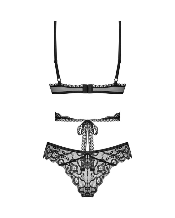 Rear flat lay of Obsessive Soft Lace Bra & Thong Set showing lace thong back and adjustable bra straps for comfort.