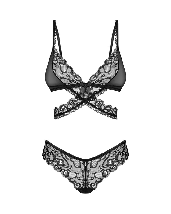 Flat lay of Obsessive Blomentis Soft Lace Bra & Thong Set highlighting sheer lace fabric and wireless bra structure.