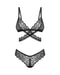 Flat lay of Obsessive Blomentis Soft Lace Bra & Thong Set highlighting sheer lace fabric and wireless bra structure.
