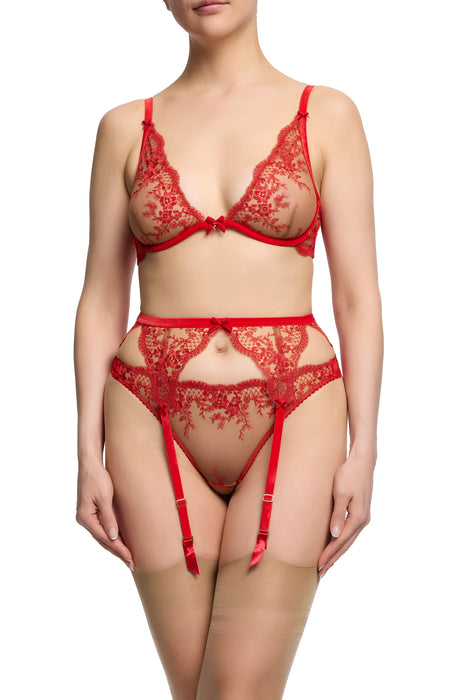 Dita Von Teese Lavinia Flame Plunge Bra styled with matching garter belt and panties, showcasing red lace and vintage-inspired lingerie elegance.