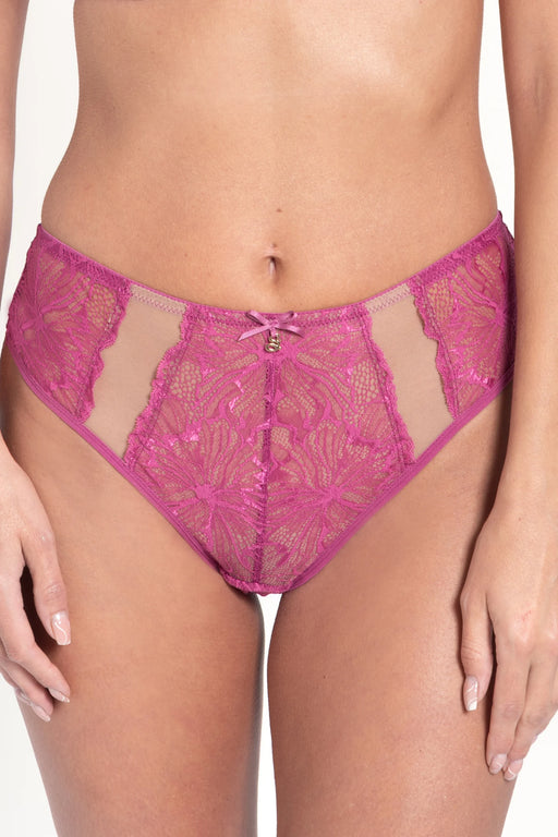 Samanta Mila Lace Brief Panty in raspberry with Italian lace and classic mid-rise fit, featuring sheer panels and feminine floral detailing.