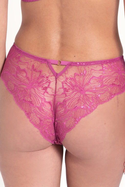 Samanta Mila Lace Brief Panty in raspberry with Italian lace and keyhole back detail, classic mid-rise fit, OEKO-TEX certified for comfort.