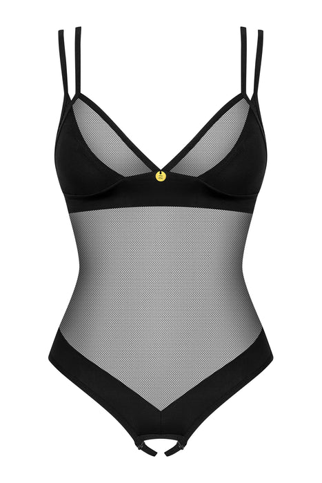 Flat lay of Sheer Crotchless Teddy Nesari showing sheer mesh body, soft cups, and open-crotch detail for a bold and seductive lingerie style.