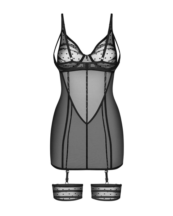 Front view of Sheer Mesh Chemise String Set Obsessive Nuites showing structured seams and sheer fabric with polka dot detailing.