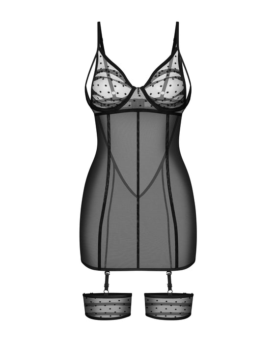 Flat lay of Sheer Mesh Chemise String Set Obsessive Nuites in black with matching polka dot garters, ideal for lingerie collections.