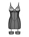 Flat lay of Sheer Mesh Chemise String Set Obsessive Nuites in black with matching polka dot garters, ideal for lingerie collections.