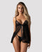 Obsessive Blomentis Set - Black Mesh Babydoll featuring sheer lace cups, satin bow tie front, and matching thong for a seductive lingerie look.