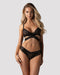 Obsessive Soft Lace Bra & Thong Set in black featuring sheer lace cups and floral detailing, perfect for sensual summer nights.