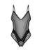 Front flat lay of Blomentis Sheer Crotchless Lace Bodysuit with V-neckline and floral lace panels, part of the Summer 2024 erotic lingerie line.