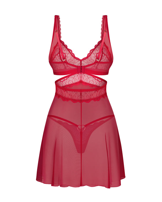 Front view of Red Lace Babydoll Lingerie Set laid flat, showing intricate lace bodice, sheer skirt, and matching thong.