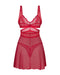 Front view of Red Lace Babydoll Lingerie Set laid flat, showing intricate lace bodice, sheer skirt, and matching thong.